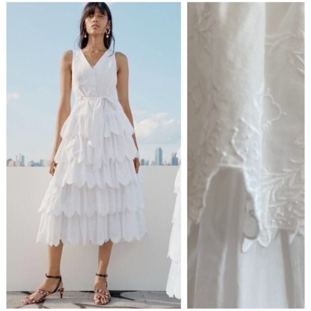Rebecca Taylor La Vie White Mireille Embroidered Tiered Midi Dress Snall